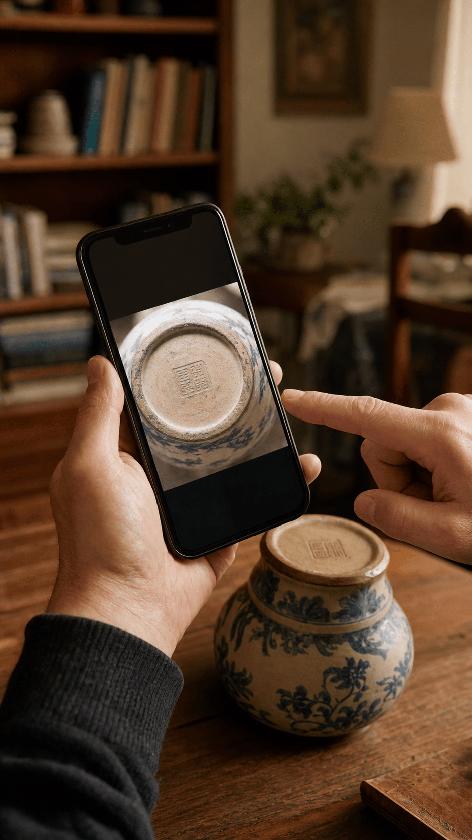 Someone photographing the maker's mark on an inherited ceramic jar at home