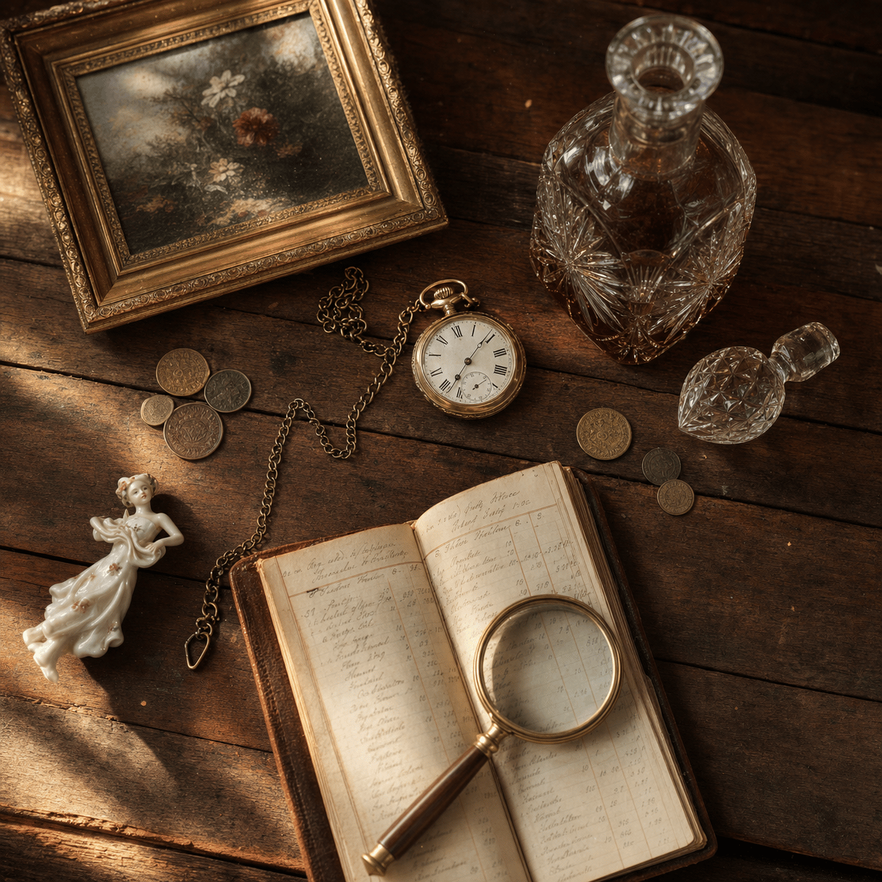 A ledger, magnifying glass, pocket watch and coins on a dealer's desk